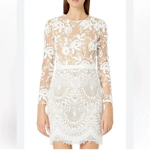 ML Monique Lhuillier White & Beige nude Lacey Cocktail formal Dress xs 3D Sz 2 - Picture 4 of 17